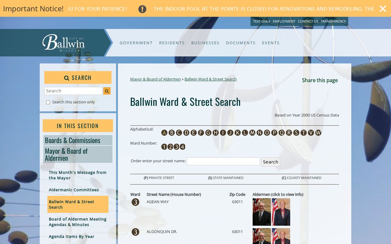 Ballwin street directory ward and street address range search