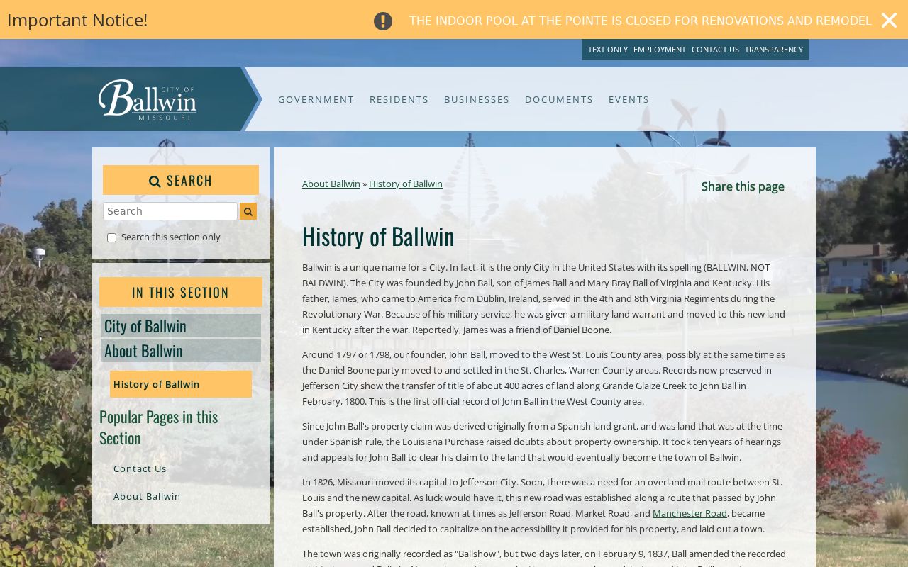 Ballwin street directory city history and municipal records context