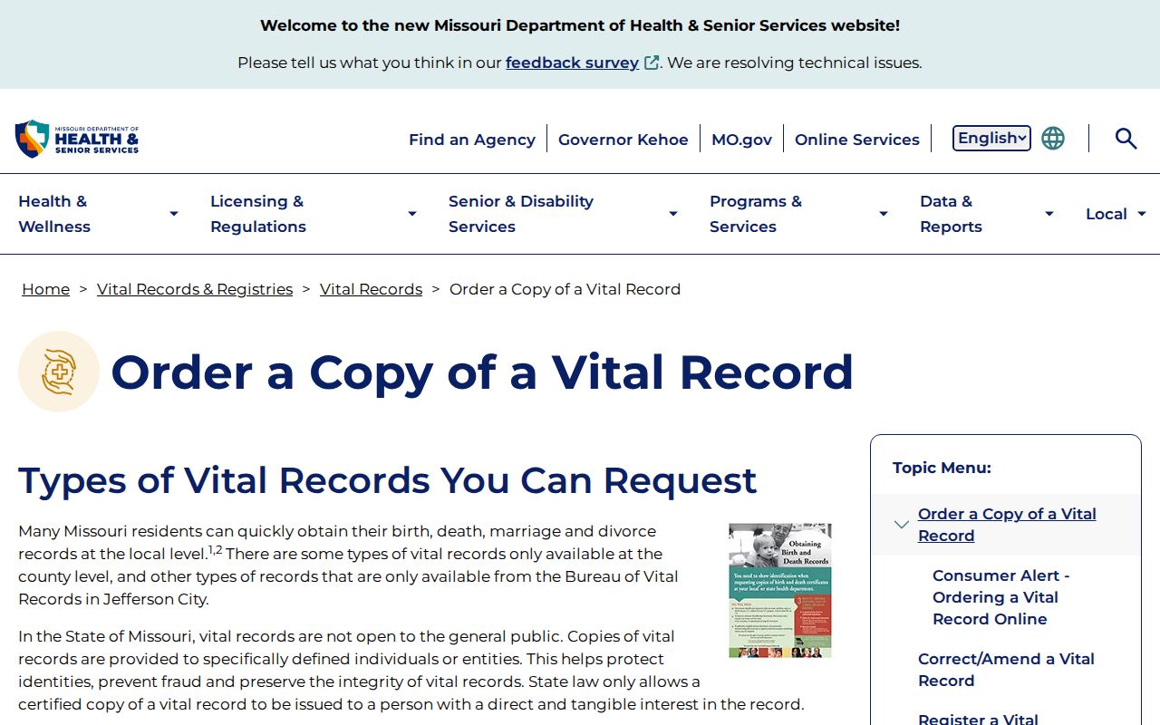 Ballwin resident lookup Missouri Vital Records ordering page