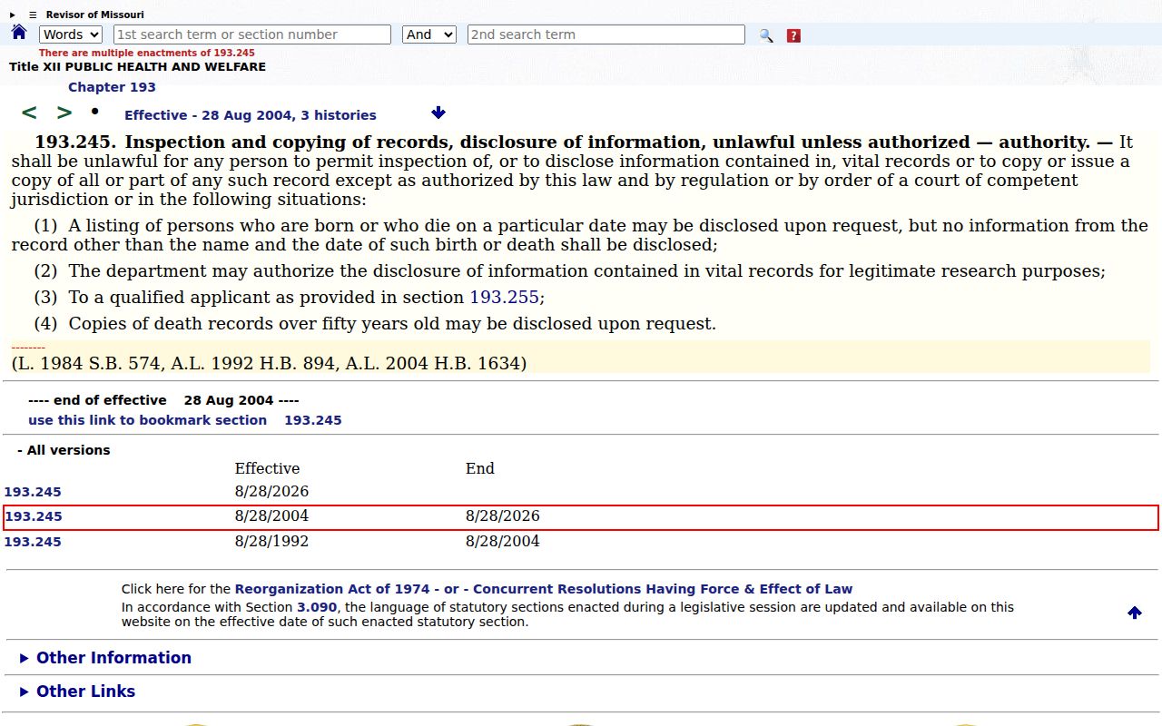 Ballwin resident lookup Missouri vital-record confidentiality statute